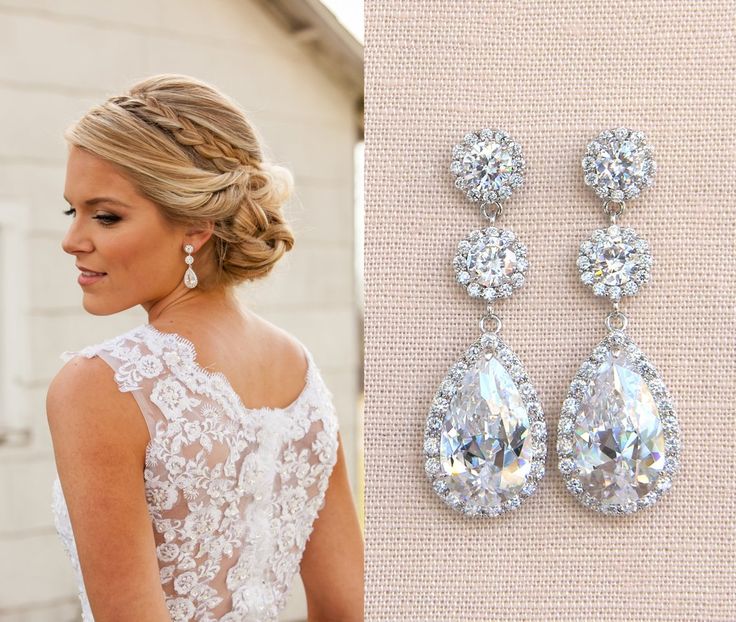 a woman in a wedding dress and earrings next to an image of the bride's gown