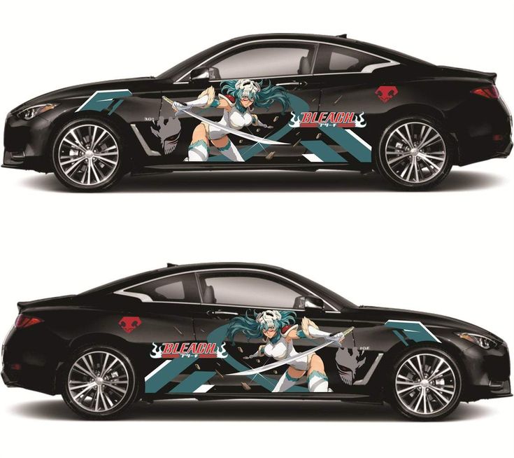 two side by side images of a black car with anime characters on the front and back