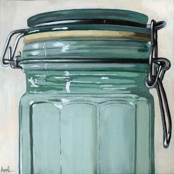 a painting of a green mason jar on a white background