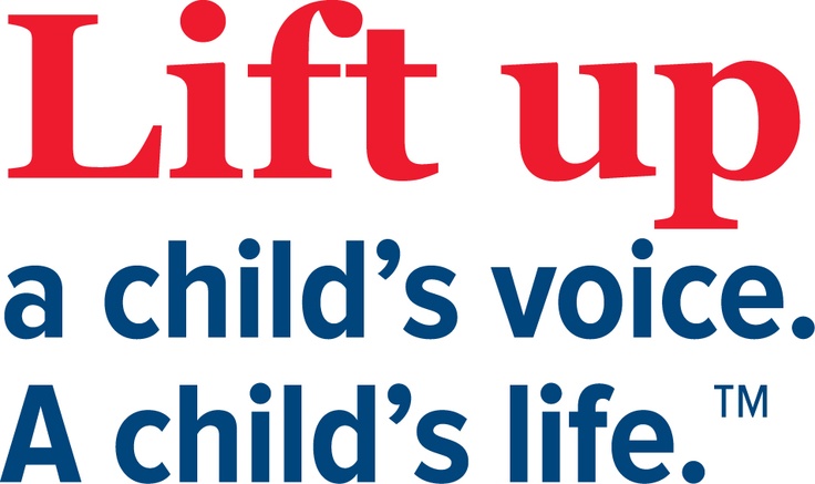 a red and blue sign that says lift up with a child's voice, a child's life