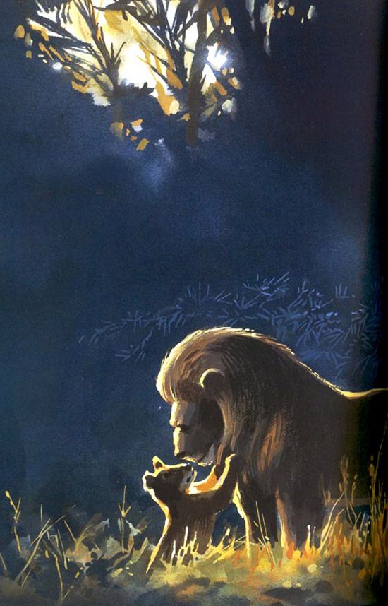 a painting of a bear and its cub in the woods at night with light coming from behind them