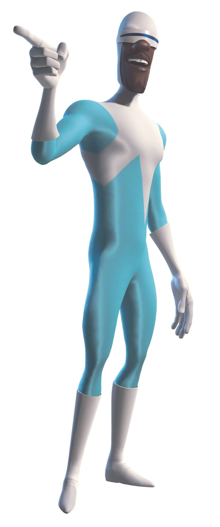 a man in a blue and white body suit pointing to the side with his finger