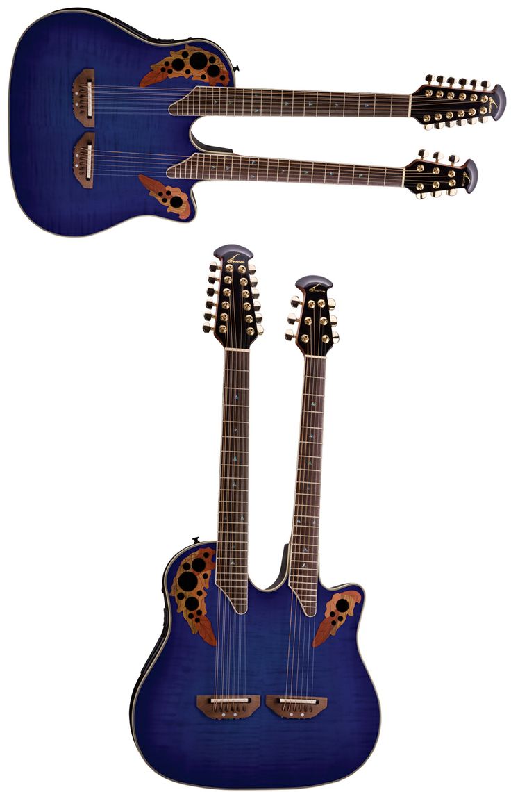 two guitars are shown side by side, one is blue and the other is black