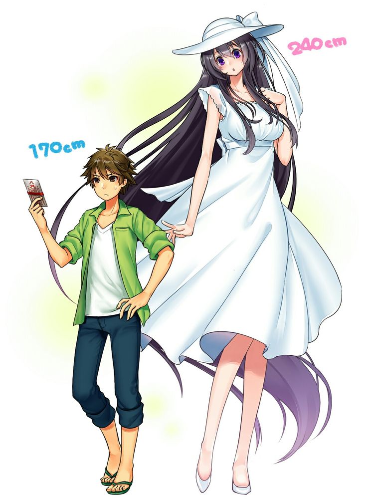 an anime character is standing next to a woman in a white dress and green jacket