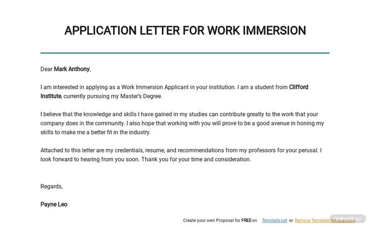 Application Letter for Work Immersion Template - Google Docs, Word ...