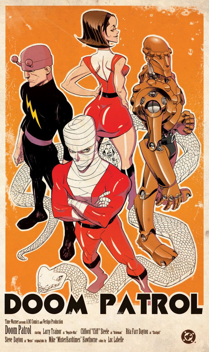 an old poster with some cartoon characters on it's back side and the words, doom patrol