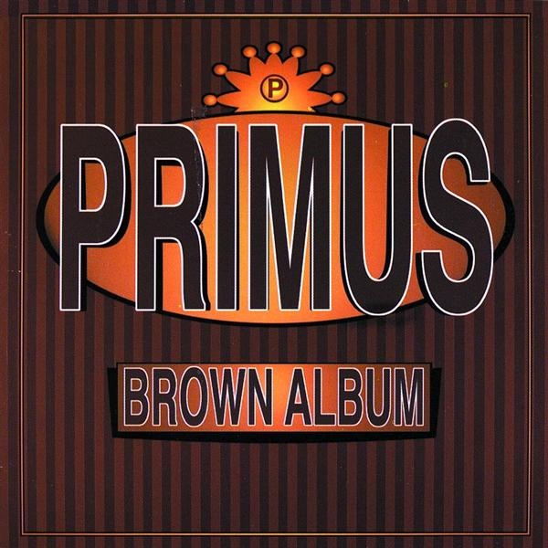 the primus brown album is shown in an orange and black striped background with words on it