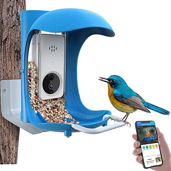 a blue bird is perched on the side of a tree with a phone in it's mouth