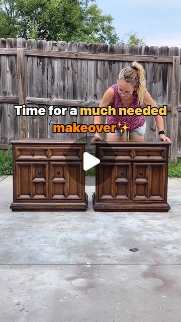 a woman standing next to two wooden dressers in front of a fence with the words time for a much needed makeover