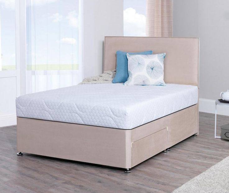 a bed that is sitting on top of a hard wood floor in a white room