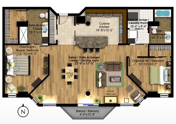 the floor plan for a two bedroom apartment with living room and dining area in it