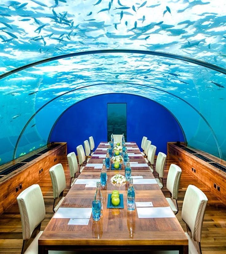 an underwater dining room with fish swimming in the water and tables set up for four