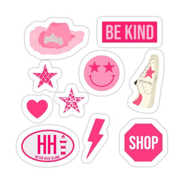 pink stickers with different types of items on them and the words, be kind