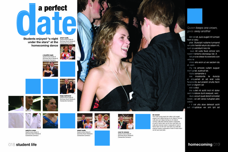 a man and woman standing next to each other in front of a magazine cover with blue squares