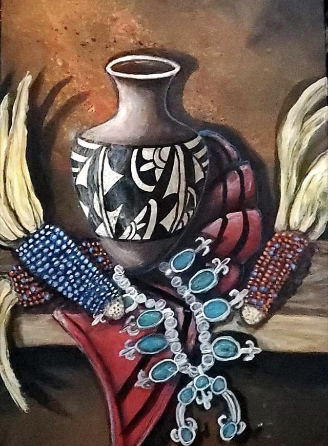 a painting of a vase with feathers and beads on it's neck, next to a book