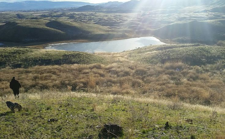 a man standing on top of a lush green hillside next to a lake in the distance