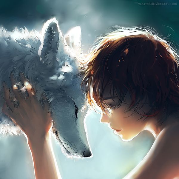 a woman holding a white wolf in her hands