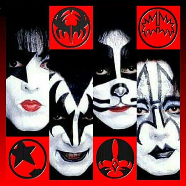 the kiss band's faces are shown in red and black