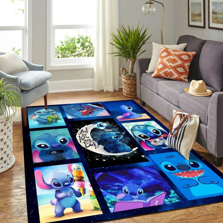 a living room with a couch, chair and rug covered in pictures on the floor