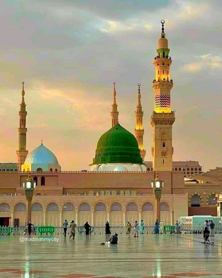 a group of people standing in front of a large building with two green domes on it