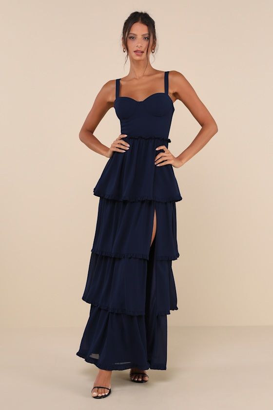 Sophisticated Occasion Navy Blue Bustier Lace-Up Maxi Dress Long Blue Formal Dresses, Formal Dress Navy, Winter Formal Long Dresses, Navy Blue Dresses For Wedding Guest, Prom Dress Shapes, Dark Blue Wedding Guest Dress, Navy Prom Dress Couple, Banquet Dresses Long, Blue Maxi Dress Wedding