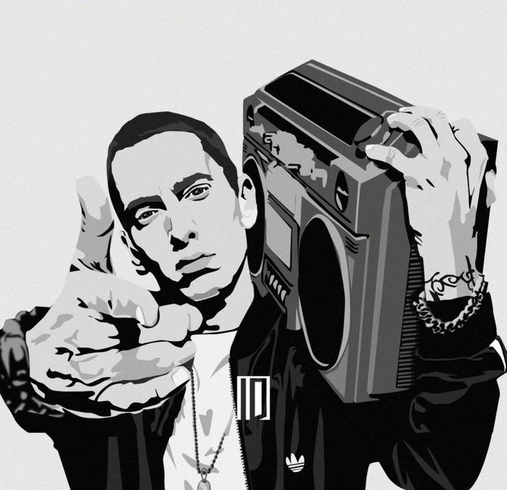 a drawing of a man holding a boombox and pointing to the side with his hand