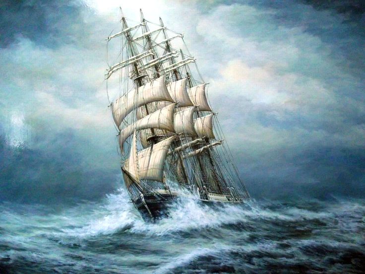 an oil painting of a sailing ship in rough seas