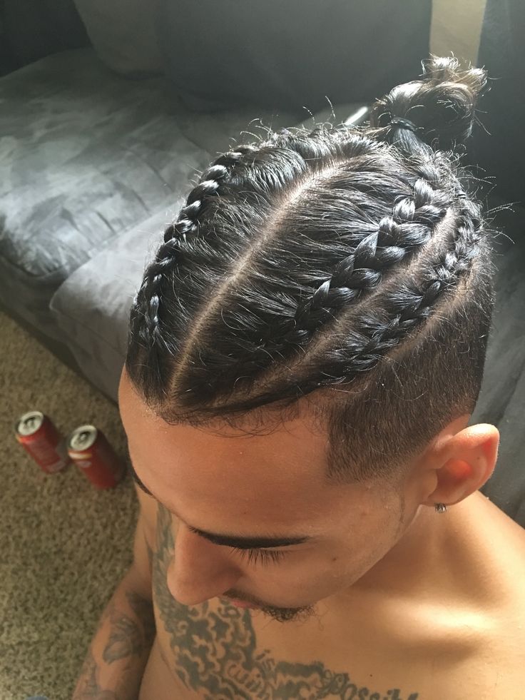 Male Braids Long Hair, French Braid On Men, Mens Braid Ideas, Men’s Two Braids, Men Dutch Braid, Man Bun With Braids, Easy Braided Hairstyles For Men, Undercut Braids Hairstyles Men, Braids For Men With Short Hair