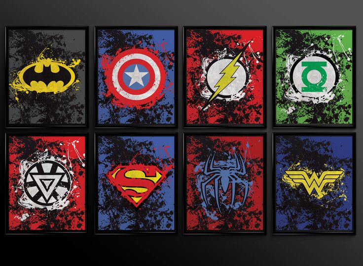 the avengers and superman logos are painted on canvases in different colors, sizes and shapes