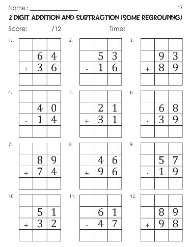 2 Digit Mixed Addition and Subtraction Some Regrouping with Grid ...