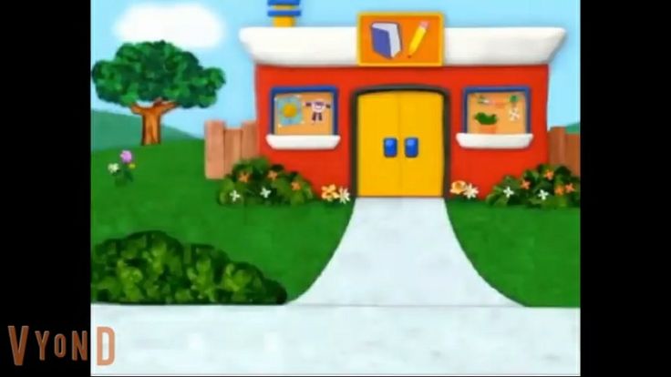 an animated image of a red building with a yellow door and green trees in the background