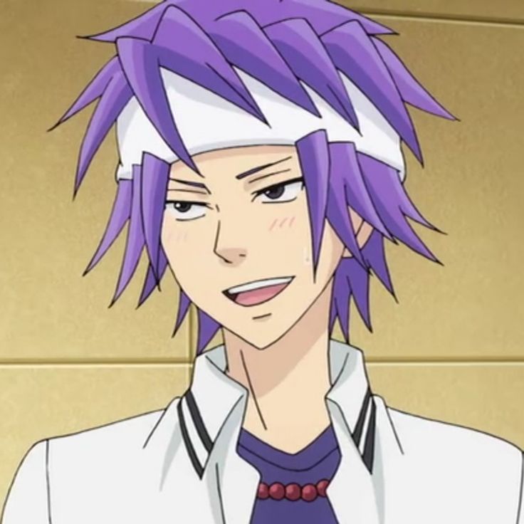 an anime character with purple hair and white shirt