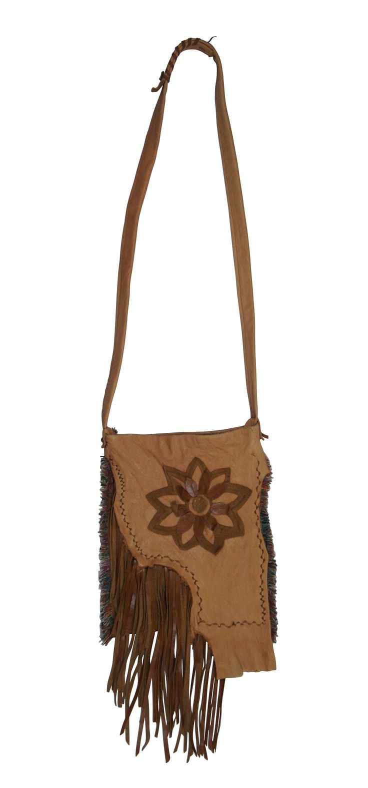 #41213 Late 20th century Native American style shoulder bag / purse / satchel. Made of Southwestern style, woven tapestry textile, overlaid with assymetrically cut, light brown leather embellished with decorative stitching, fringe, and flower applique.  CONDITION Good Overall - Gentle wear DIMENSIONS 9" x 1" x 11.5" / Strap Length - 46" (WIdth x Depth x Height) Brown Bohemian Satchel With Fringe, Bohemian Brown Fringe Satchel, Brown Bohemian Fringe Satchel, Vintage Leather Bags With Fringe, Artisan Brown Satchel For Festival, Traditional Brown Rectangular Hobo Bag, Artisan Fringe Rectangular Shoulder Bag, Artisan Rectangular Shoulder Bag With Fringe, Artisan Rectangular Fringe Shoulder Bag