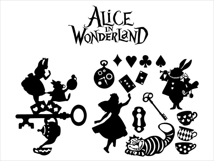 alice and the wonderland silhouettes are shown in this black and white image with text