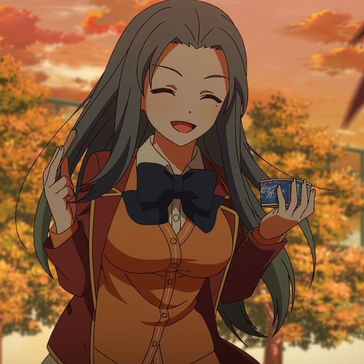 an anime character with long gray hair holding a cell phone in her hand and wearing a bow tie