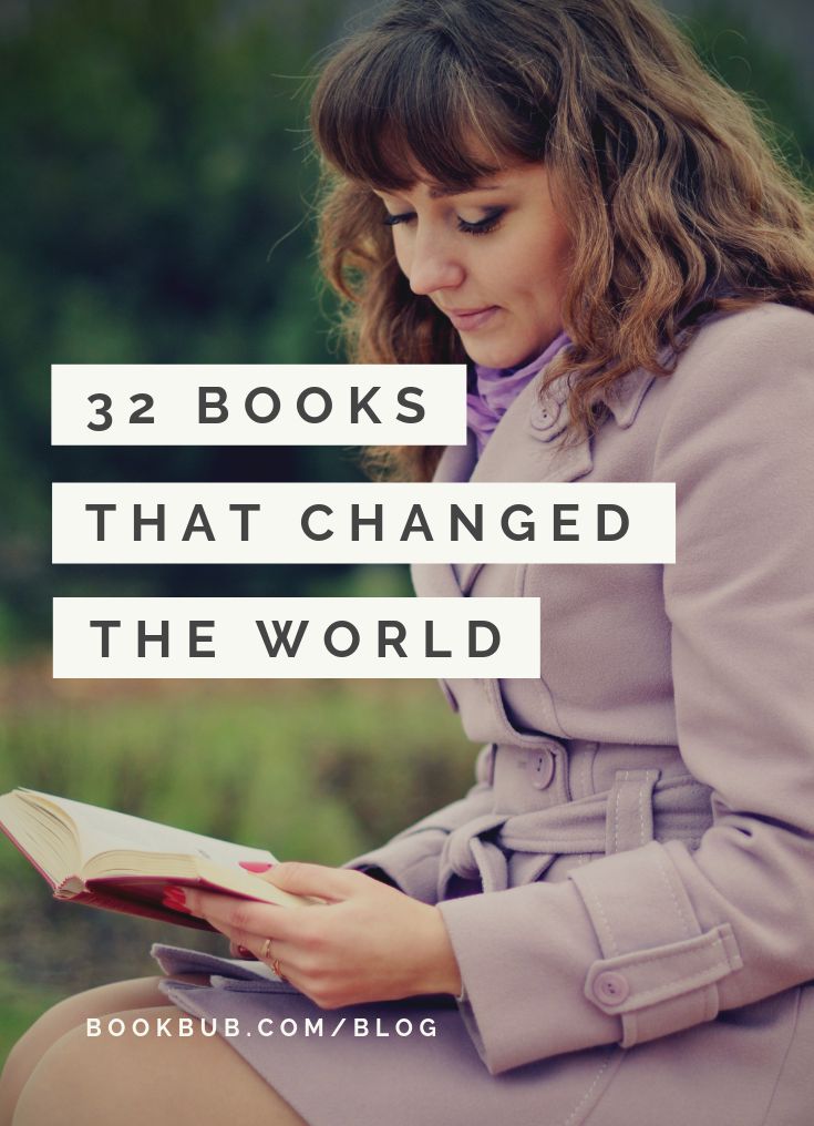 a woman sitting down reading a book with the words, 32 books that changed the world