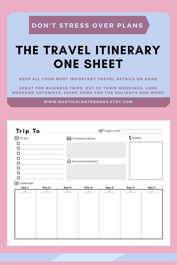 the travel itinerary one sheet is shown in pink, blue and purple colors