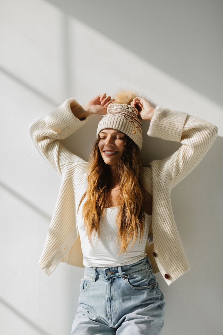 Everything a beanie should be. Aspen is cozy, cute, and comfortable. Our first printed beanie has a relaxed fit and a tall crown topped with a pom pom. The fair isle inspired print represents the quintessential aprés ski beanie. Cream Soft Knit Crochet Hat For Winter, Cream Crochet Winter Hat With Soft Knit, Winter Cream Crochet Hat With Soft Knit, One Size Cream Beanie For Fall, Cozy Cream Beanie For Fall, Cream Beanie For Cold Weather In Fall, Cozy Cream Beanie For Winter, Cream Crochet Hat For Fall, Cold Weather Beanie With Pom Poms