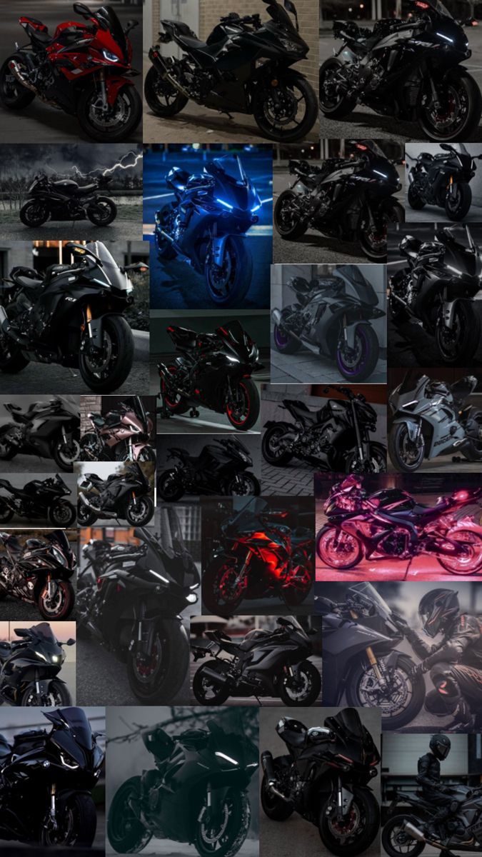 many different types of motorcycles are shown in this collage, including one red and one blue