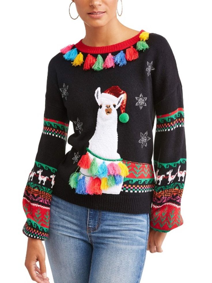 a woman wearing an ugly sweater with a llama on it