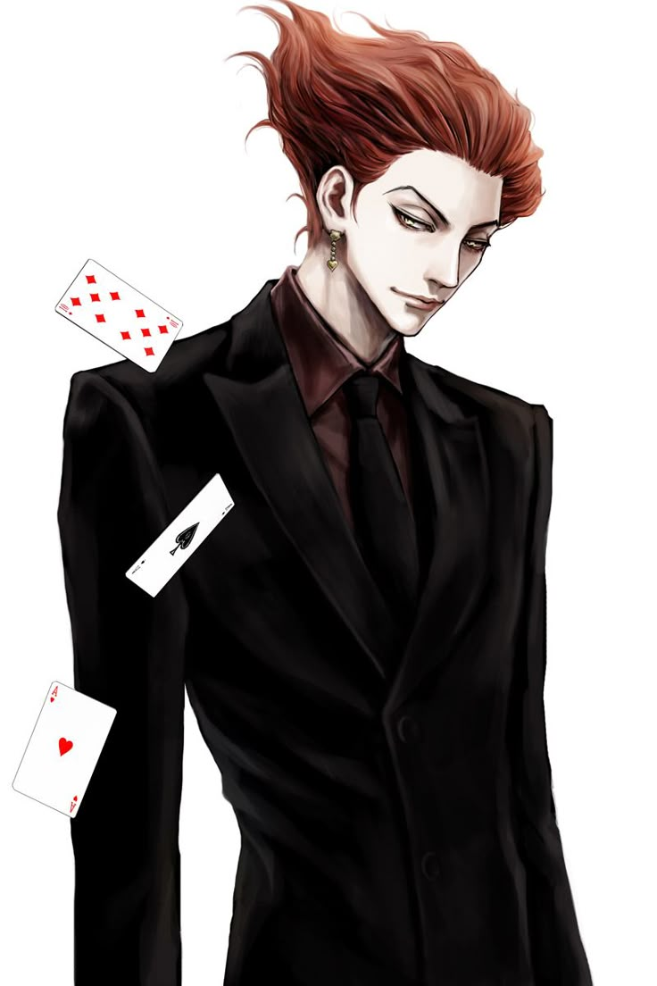 a man with red hair wearing a suit and playing cards