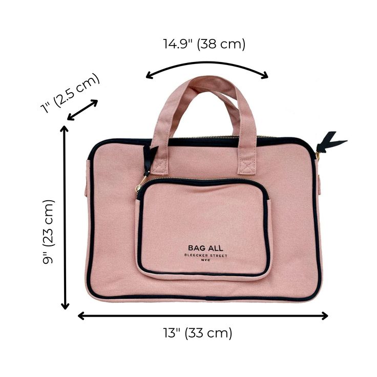 a pink bag is shown with measurements for the bottom and side zippers on it