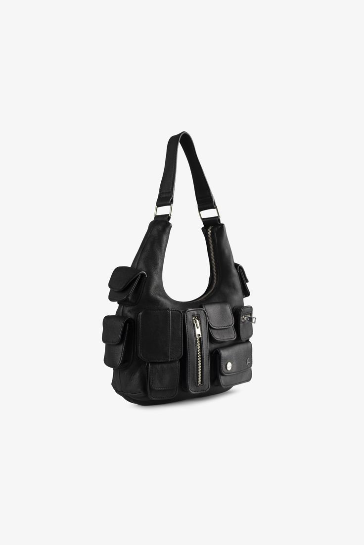 Elevate your accessory game with the Olesia Mini Cargo Bag, a chic and compact option to carry your essentials. Designed with functionality in mind, this bag features multiple pockets and compartments, ensuring you stay organized on the go. On-the-go Shoulder Bag With Functional Pockets And Double Handle, Black Shoulder Bag With Double Handle And Pockets, Modern Bags With Pockets For On-the-go, Travel Hobo Bag With Pockets, Handheld Hobo Bag With Pockets For Everyday Use, Handheld Hobo Bag With Pockets For Travel, Daily Use Top Handle Shoulder Bag With Pockets, Black Hobo Bag With Pockets For On-the-go, Black Handheld Satchel With Pockets