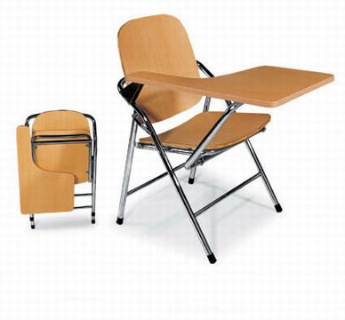 a wooden desk and chair sitting next to each other in front of a white background