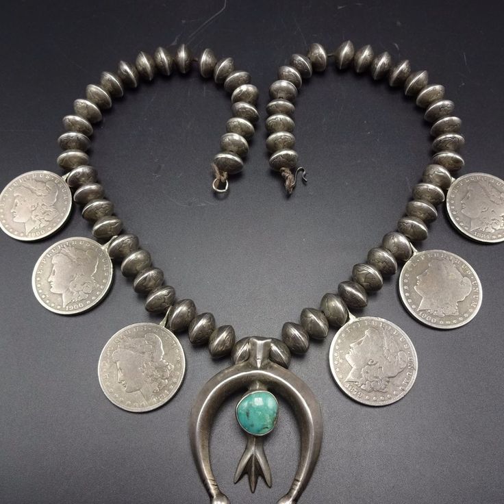 Vintage NAVAJO Mercury Dime Beads & Morgan Dollars SQUASH BLOSSOM Necklace Squash Blossom Jewelry, Mexico Jewelry, Squash Blossoms, Half Dollar Coin, Blossom Garden, Morgan Dollars, Jewelry Turquoise, Big Diamond, Squash Blossom Necklace