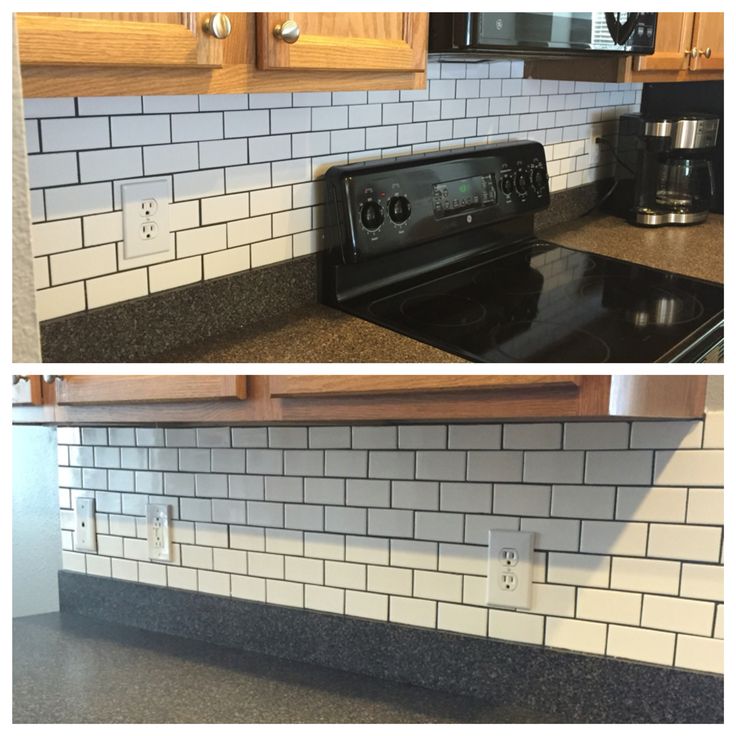 two photos side by side of a stove top oven and countertop with black granite