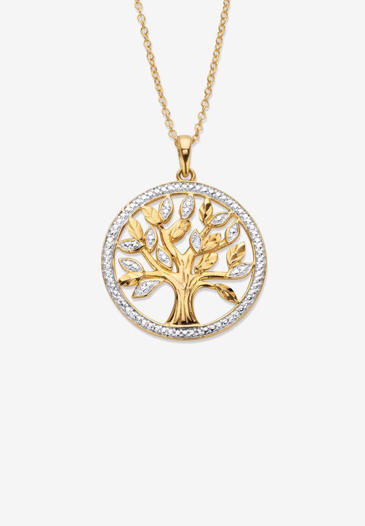 Celebrate life and hope with this sparkling Tree of Life celebrating hope, love and dreams. Showcased by a border and leaves glittering with genuine round diamond accents, this lovely pendant necklace is meant to evoke cherished memories. Includes gift box and drawstring pouch.18k Gold-Plated Sterling Silver18" lengthIncludes 18k Gold-Plated Sterling Silver ChainPendant Dimensions: 24 mm wide x 31 mm long x 3 mm highChain Dimensions: 1 mm wide x 18 inches long x 1 mm highIncludes gift box and dr Symbolic Gold Jewelry With Tree Of Life, Elegant Yellow Gold Tree Of Life Jewelry, Elegant Gold Tree Of Life Jewelry, Tree Of Life Pendant Gold, Platinum Credit Card, Diamond Pendants Designs, Nature-inspired Tree Of Life Pendant Necklace, Tree Jewelry, Pendant Diamond