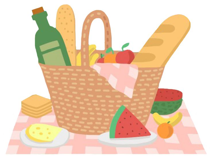 a picnic basket filled with bread, watermelon and other food items on a checkered table cloth