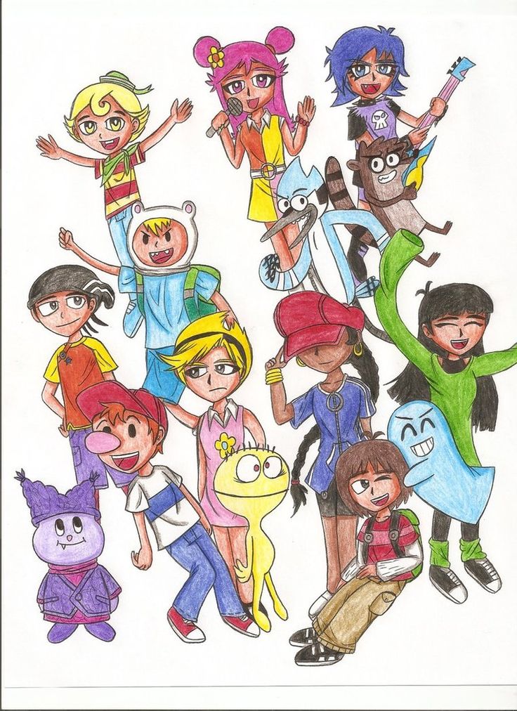 a group of cartoon characters standing next to each other