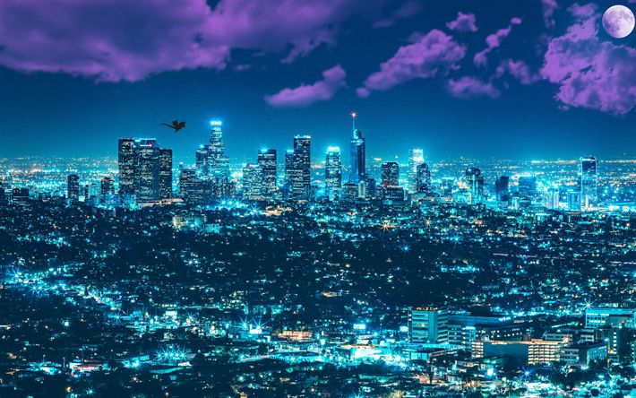 the city skyline is lit up at night with purple and blue hues in the sky